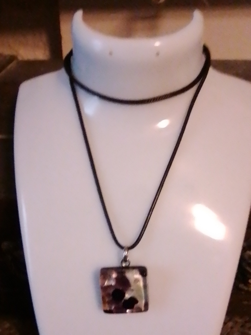 Black Cord Necklace with Brown Square Pendant